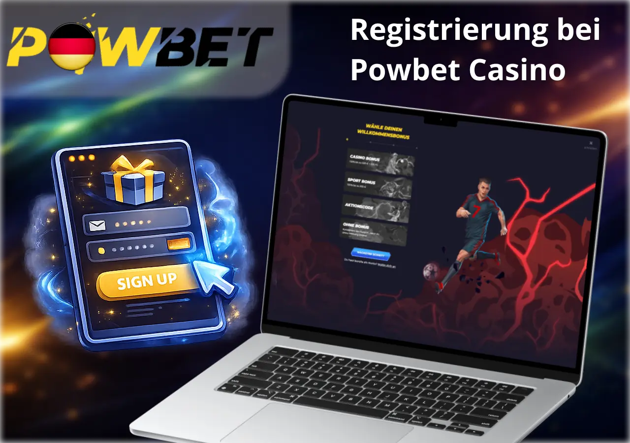 Registrierungsprozess im Powbet Casino mit Bonusauswahl für neue Spieler